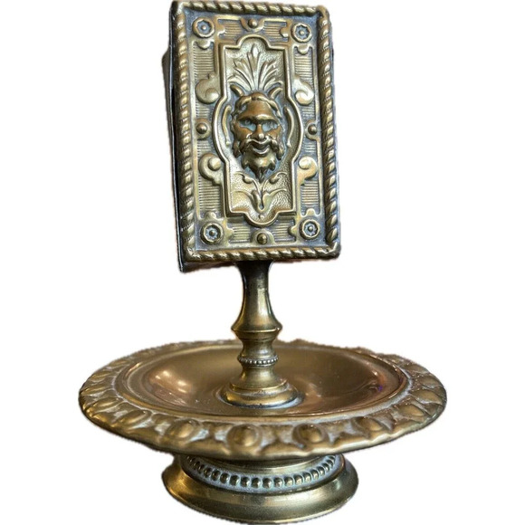 Antique C. 1900s Ornate Lion Gilt Bronze Smoking Ashtray Match Box Holder Patina - Picture 2 of 9